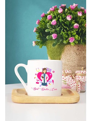 Hedizu Best Doctor Ever Kadın Doktora Hediye Türk Kahvesi Fincanı Ahşap Altlıklı