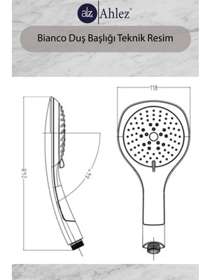 Ahlez Bianco 3 Fonksiyonlu Geniş Yüzeyli Duş Başlığı Poşetli