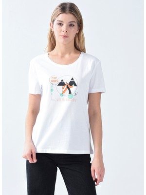 Denim Trip Slim Fit V Yaka Baskılı Beyaz Kadın T-shirt