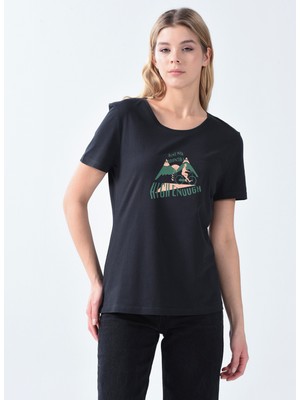 Denim Trip Bisiklet Yaka Baskılı Siyah Kadın T-Shirt DTKTS03 Siyah