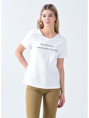 Denim Trip Slim Fit V Yaka Baskılı Beyaz Kadın T-shirt