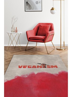 Homshtag Veganizm Kırmızı Bej Mutfak Halısı  Dokuma Tabanlı Yıkanabilir Kaymaz Vegan Halısı
