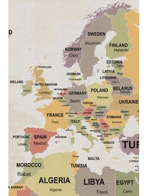 Lila Fil Lilafil Dünya Haritası Kanvas Tablo Ülke Başkentli ve Okyanus Detaylı Dekoratif Tablo 2745
