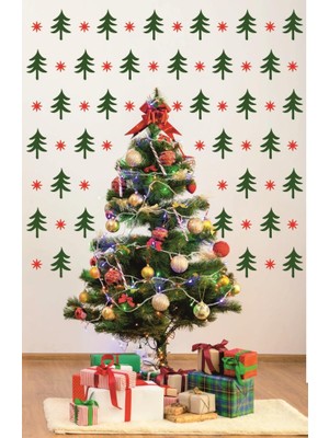 Lizpo Decor Yeniyıl Noel Temalı Vitrin Çam Ağacı Yıldız Cam Sticker Sticker Dekorasyon 106 Adet Kırmızı Yeşil