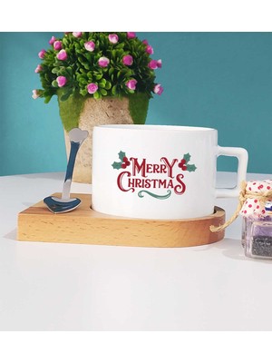 Hedizu Merry Christmas Yılbaşı Hediyesi Ahşap Altlıklı Fincan