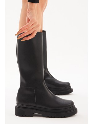 Tonny Black Kadın Siyah Cilt Rahat Kalıp Sıcak Astarlı Çizme