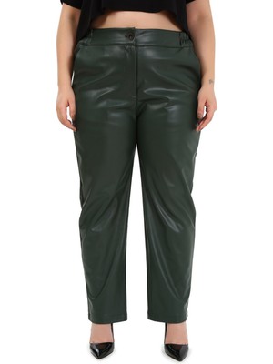 Disentis Modest Büyük Beden Beli Yanlardan Lastikli Cepli Haki Deri Pantolon