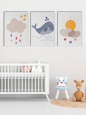 Satürn Design Çocuk Odası ve Kreşler Için Kanvas Tablo Seti 3 Adet x 40X55CM Güneş Bulut Balina