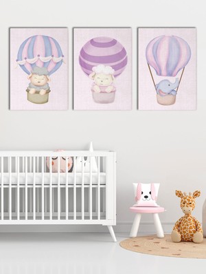 Satürn Design Çocuk Odası ve Kreşler Için Kanvas Tablo Seti 3 Adet x 40X55CM Balonla Uçan Hayvanlar