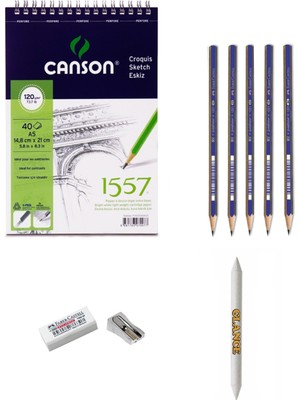 Glance Canson 1557 Eskiz Defterli 5 Adet Karakalem Çizim Seti Pastel Dağıtma Kalemi ve Kalemtıraş