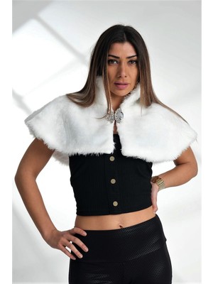 Keyifli Moda Kadın Beyaz Broşlu Kürk Etol Bolero