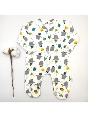 Bebek Star Penguen Desenli Krem %100 Cotton Bebek Tulumu