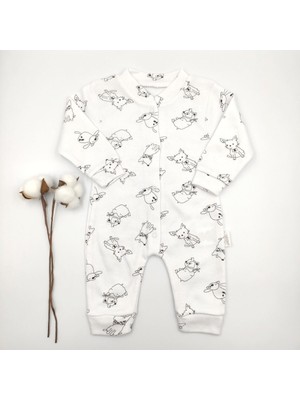 Bebek Star Kedi ve Köpek Desenli Beyaz %100 Cotton Bebek Tulumu