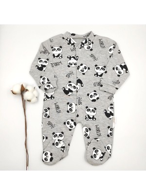 Bebek Star Panda Desenli Patikli Gri Bebek Tulumu %100 Cotton