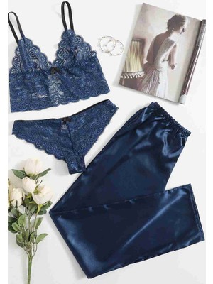 River World Lacivert Renkte Dantel Detaylı 3'lü Takım Pijama Altı-Külot-Sütyen