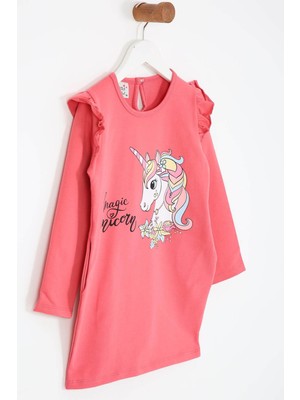 Barmy Kids Kız Çocuk Uzun Kollu Elbise Unicorn Baskılı - Kiremit (3 -7 Yaş)