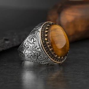 Rev Silver Oval 925 Ayar Gümüş Erkek Yüzük Akik Kaplan Gözü Taşlı Takı