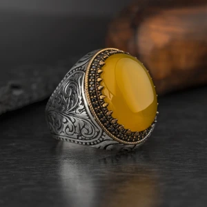 Rev Silver Oval 925 Ayar Gümüş Erkek Yüzük Akik Kaplan Gözü Taşlı Takı