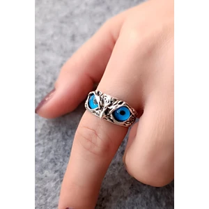 Fildişi Aksesuar Mavi Gözlü Baykuş Şekilli Kadın Yüzük Gümüş Kaplama Ayarlanabilir El Yapımı Kadın Yüzük