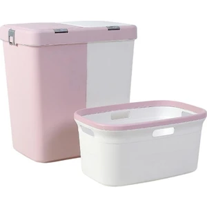Motek Ikili Kirli Çamaşır Sepeti ve Çamaşır Selesi Ikili Set Çeyiz Seti Pembe+Pudra