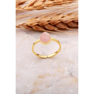 Sümer Telkari Pembe Kuvars Taşlı Damla Altın Yaldızlı Gümüş Yüzük 3659