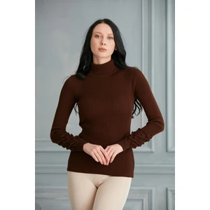 Kadın Kahverengi Kol Detaylı  Triko Kazak