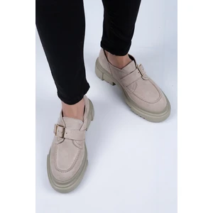 Gloria Kadın  Deri Loafer Kemerli Tokalı Bej Süet Ayakkabı