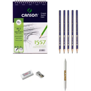 Canson Eskiz Defterli 5 Karakalem Çizim Seti Pastel Dağıtma.kalemtıraş. Silgi Eskizseti