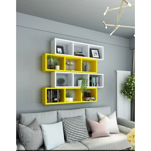 Dekormer Design Kitaplık  Duvar Rafı Sarı Beyaz 4'lü Takım