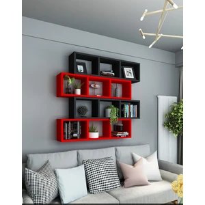 Dekormer Design Kitaplık  Duvar Rafı Kırmızı Siyah 4'lü Takım