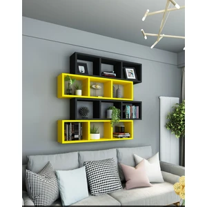 Dekormer Design Kitaplık  Duvar Rafı Sarı Siyah 4'lü Takım