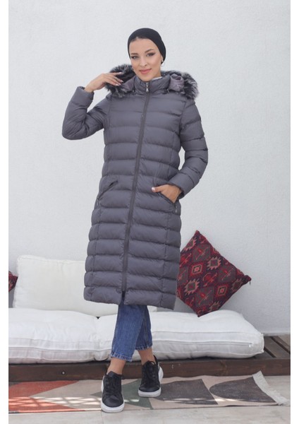 Kmkkombin Uzun Dolgulu Siyah Şişme Mont Kapşonu Kürklü Yoğun Elyaflı Büyük Beden fiyatları