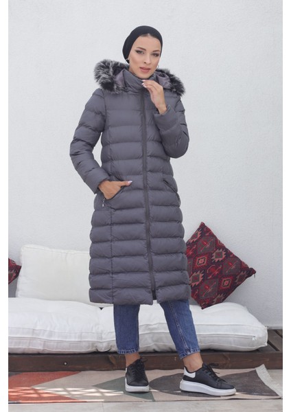 Kmkkombin Uzun Dolgulu Siyah Şişme Mont Kapşonu Kürklü Yoğun Elyaflı Büyük Beden indirimleri
