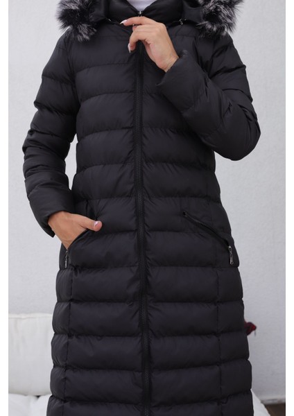 Kmkkombin Uzun Dolgulu Siyah Şişme Mont Kapşonu Kürklü Yoğun Elyaflı Büyük Beden