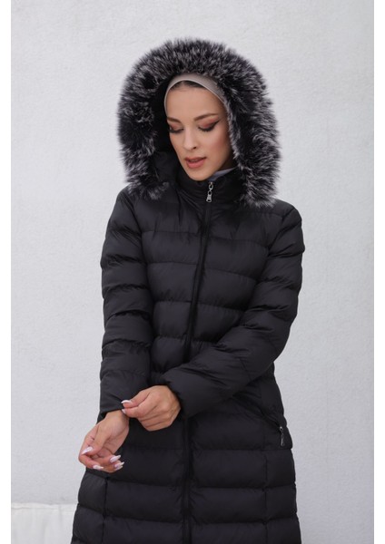 Kmkkombin Uzun Dolgulu Siyah Şişme Mont Kapşonu Kürklü Yoğun Elyaflı Büyük Beden fiyatları