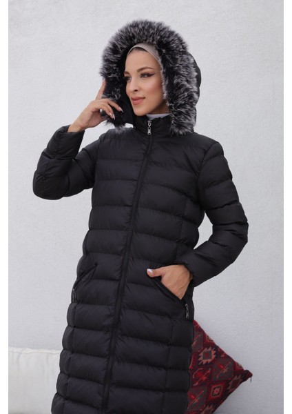 Kmkkombin Uzun Dolgulu Siyah Şişme Mont Kapşonu Kürklü Yoğun Elyaflı Büyük Beden modelleri