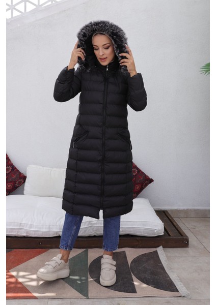 Kmkkombin Uzun Dolgulu Siyah Şişme Mont Kapşonu Kürklü Yoğun Elyaflı Büyük Beden fırsatları