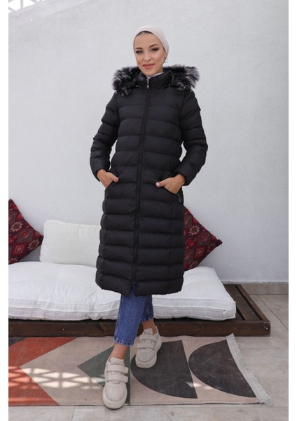 Kmkkombin Uzun Dolgulu Siyah Şişme Mont Kapşonu Kürklü Yoğun Elyaflı Büyük Beden indirimleri