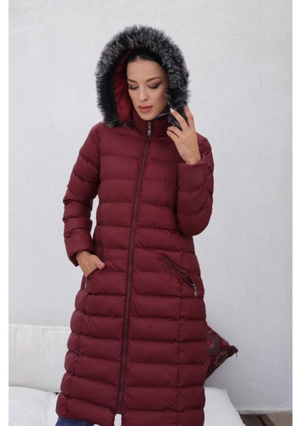 Kmkkombin Uzun Dolgulu Siyah Şişme Mont Kapşonu Kürklü Yoğun Elyaflı Büyük Beden