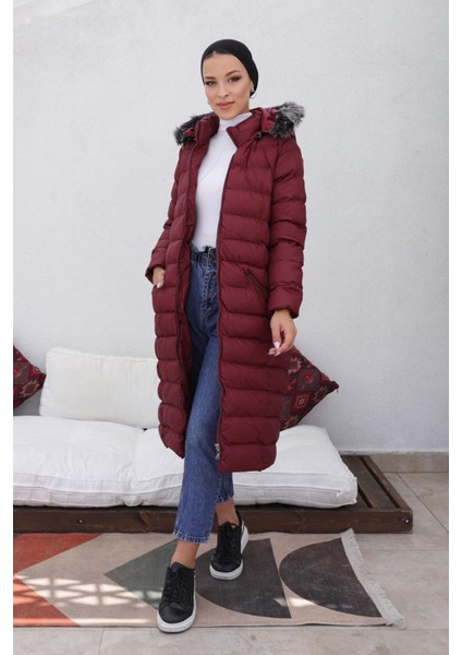 Kmkkombin Uzun Dolgulu Siyah Şişme Mont Kapşonu Kürklü Yoğun Elyaflı Büyük Beden fırsatları