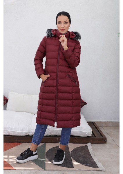 Kmkkombin Uzun Dolgulu Siyah Şişme Mont Kapşonu Kürklü Yoğun Elyaflı Büyük Beden indirimleri