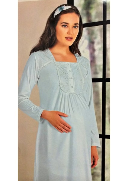 Önden Düğmeli Loğusa Gecelik Mavi