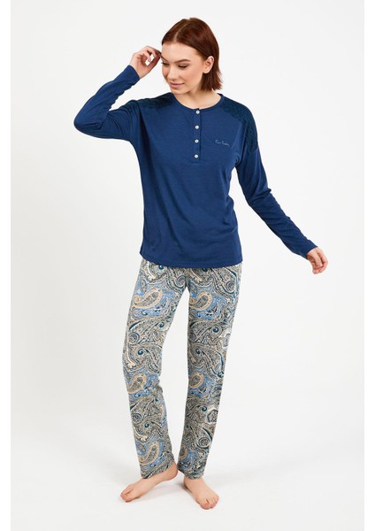 8447 Mavisi Uzun Kol Pijama Takım