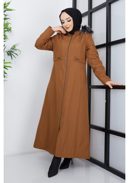 Kmkkombin Kadın Büyük Beden Kapşonlu Içi Bele Kadar Kürklü Su Geçirmez Tesettür Pardesü & Mont