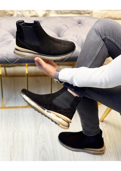 0376 Deri Siyah Süet Erkek Sneaker Bot