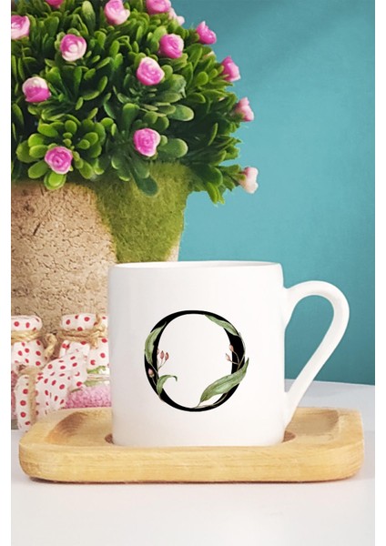 Çiçek Desenli O Harfli Türk Kahvesi Fincanı Ahşap Altlıklı fiyatları