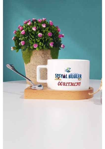 Sosyal Bilgiler Öğretmeni Hediye Ahşap Altlıklı Fincan