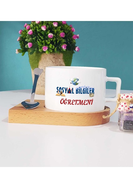 Sosyal Bilgiler Öğretmeni Hediye Ahşap Altlıklı Fincan