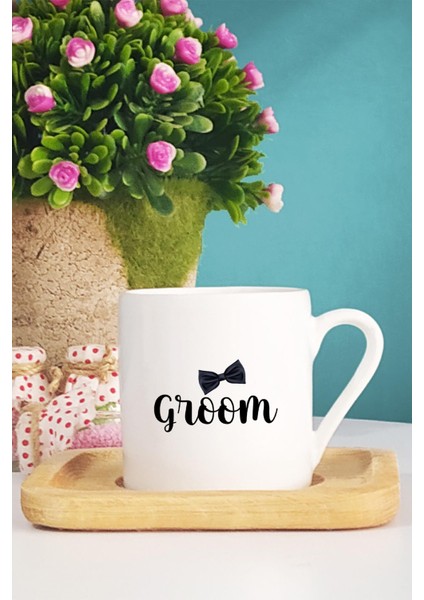 Groom Damat Hediye Türk Kahvesi Fincanı Ahşap Altlıklı
