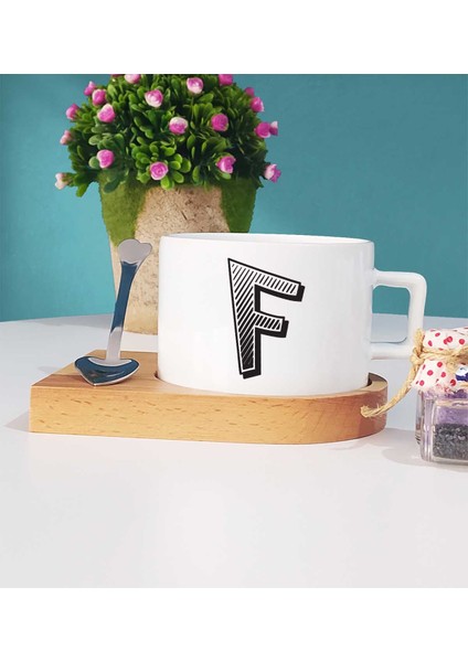 Harf Tasarımlı F Harfli Ahşap Altlıklı Fincan